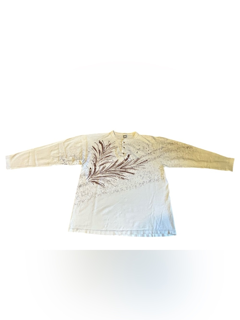 Men's Cream Long-Sleeve Henley with Brown Feather Graphic - Picture 3 of 14